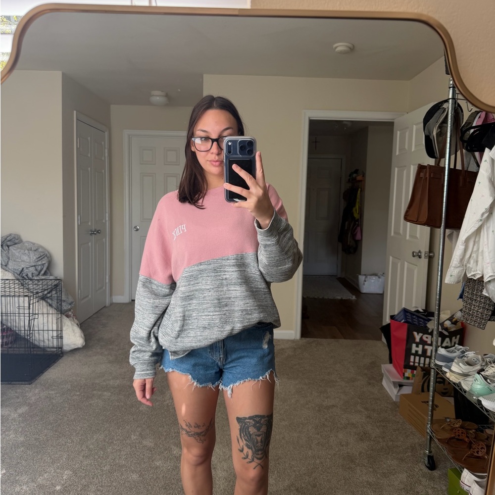 PINK Victoria's Secret Pink and Heather Gray Colorblock Crewneck Sweater